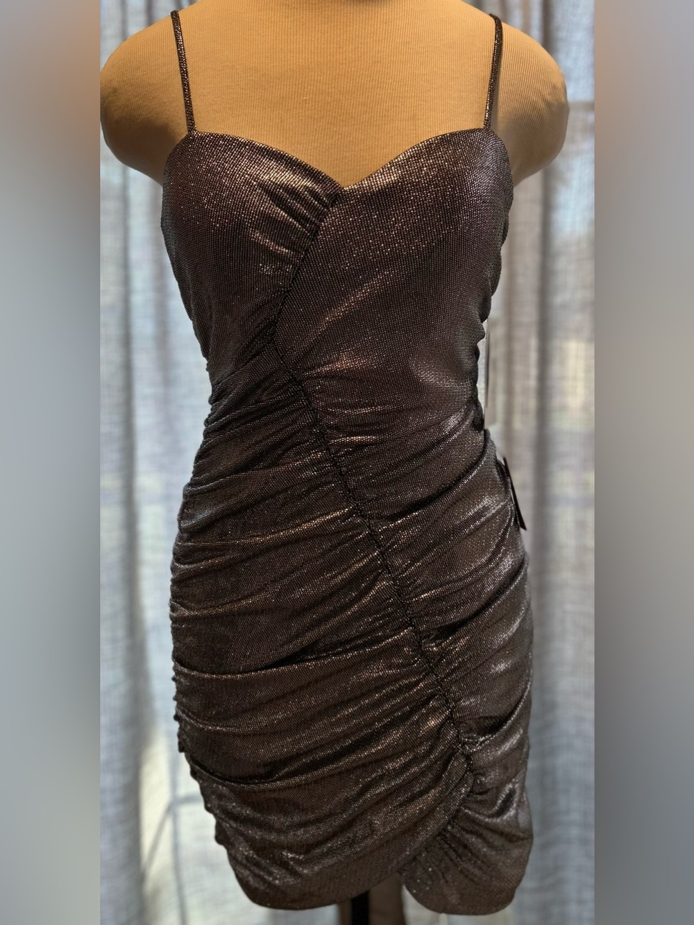 Strapless Ruched Metallic Bodycon Dress - Brown